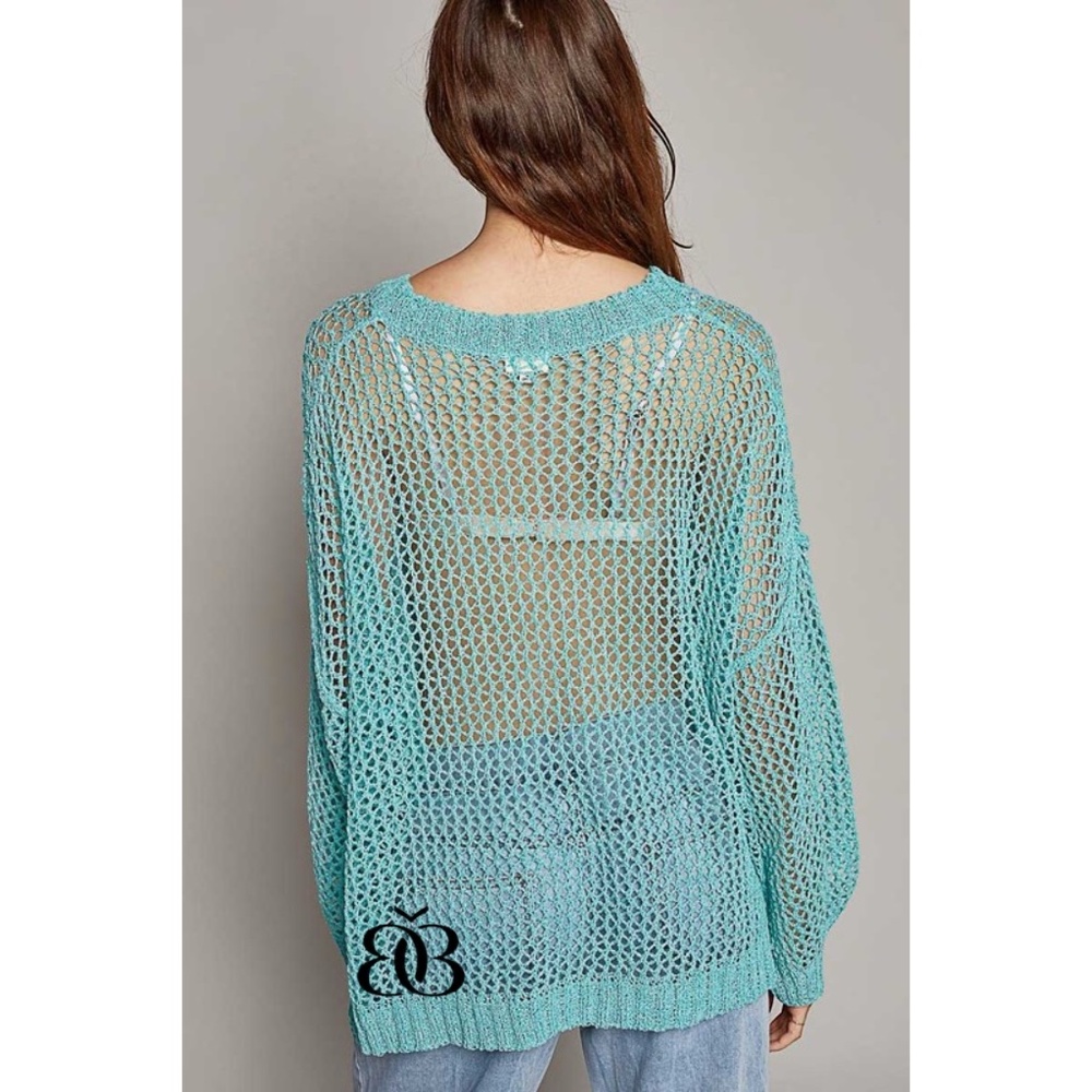 POL Blue Oversized Open Knit Sweater with Center Star Patch - Picture 6 of 11